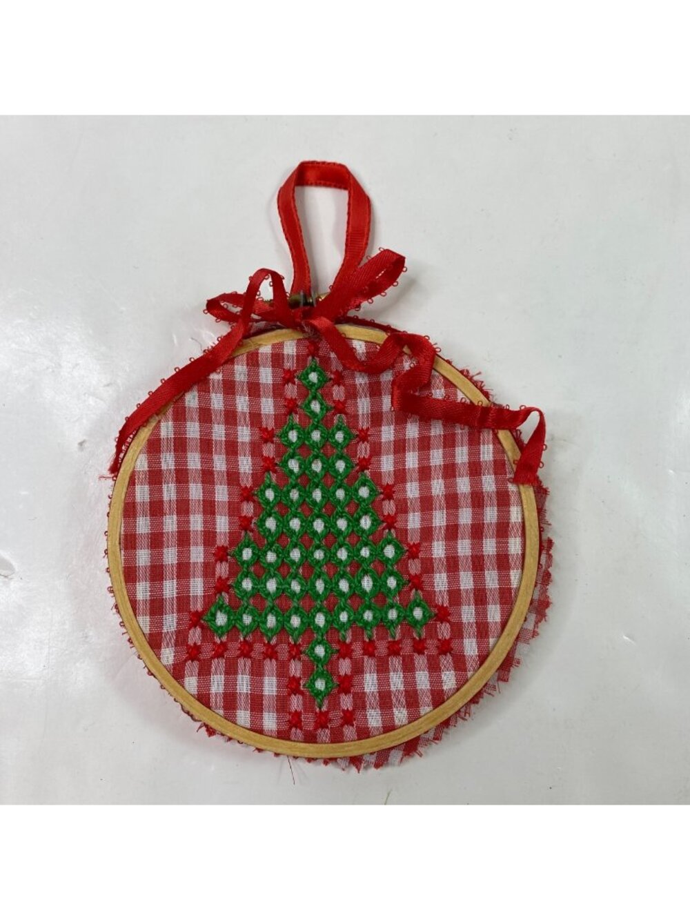 Handmade Cross Stitch Christmas Tree Embroidery Hoop Ornament Red